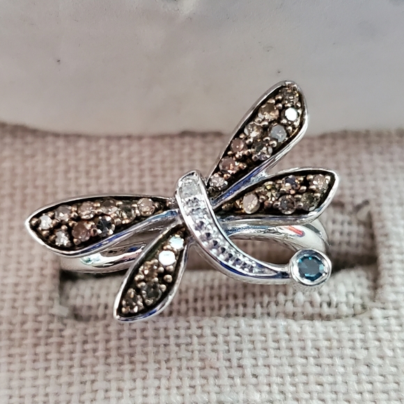 Diamond and Blue Topaz Sterling Silver Dragonfly Ring Size 7 - Picture 4 of 15